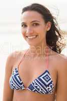 Smiling pretty brunette posing in bikini