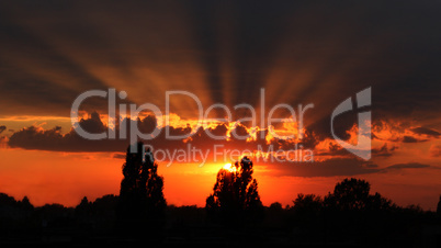 beautiful summer sunset with dark sky and sun