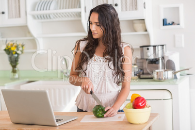 Pretty brunette preparing salad and using laptop