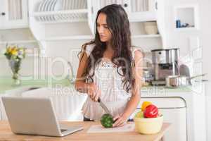 Pretty brunette preparing salad and using laptop