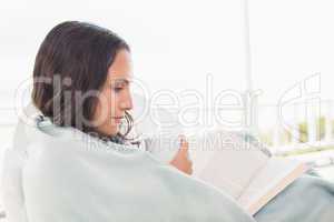 Pretty brunette sitting on a chair and reading a book