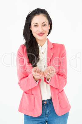 Elegant brunette showing with her hands