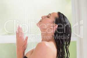 Pretty brunette taking a shower