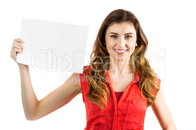 Pretty brunette showing white card Pretty brunette showing white card