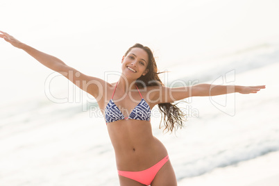 Smiling pretty brunette posing in bikini