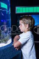young man looking at fish in tank