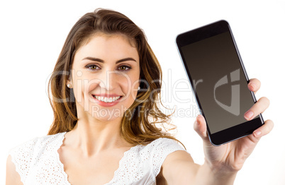 Pretty brunette showing smartphone