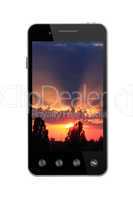 smart-phone with picture of sunset on white