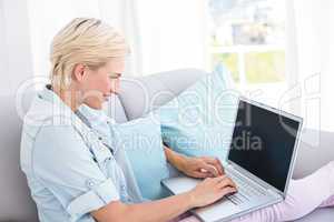 Pretty blonde woman using her laptop on the couch