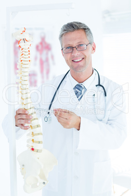 Doctor showing anatomical spine with his pen