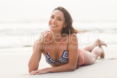 Smiling pretty brunette posing in bikini