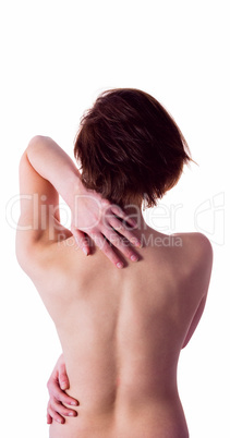 Nude woman with a neck injury