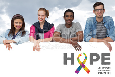 Composite image of portrait of happy young friends with blank bo