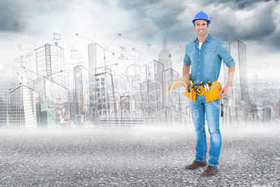 Composite image of happy carpenter with wooden planks