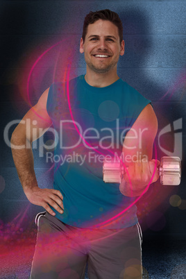 Composite image of portrait of a fit man exercising with dumbbel