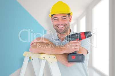 Composite image of male technician holding power drill on ladder