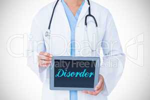 Disorder against doctor showing tablet pc