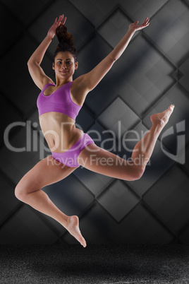 Composite image of fit brunette jumping and posing