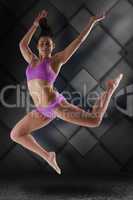 Composite image of fit brunette jumping and posing