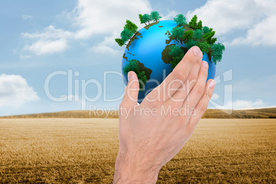 Composite image of businessman holding hand out in presentation