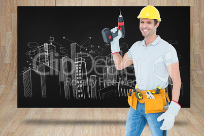 Composite image of carpenter holding cordless drill over white b