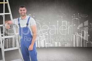 Composite image of carpenter leaning on ladder