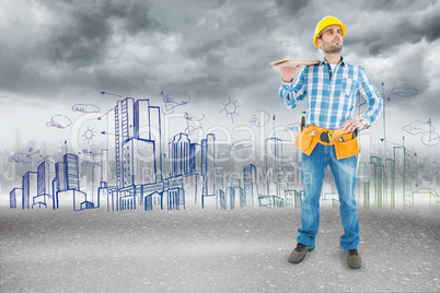 Composite image of thoughtful worker carrying wooden planks