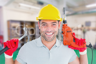 Composite image of happy repairman holding hammer and drill mach