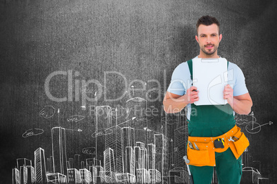 Composite image of repairman showing clipboard