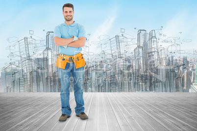 Composite image of portrait of happy repairman standing arms cro