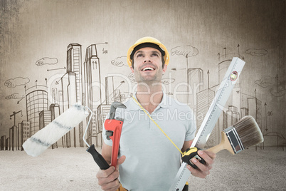 Composite image of worker holding various equipment over white b