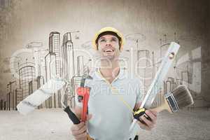 Composite image of worker holding various equipment over white b