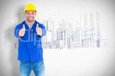 Composite image of portrait of happy manual worker gesturing thu