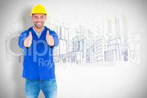 Composite image of portrait of happy manual worker gesturing thu