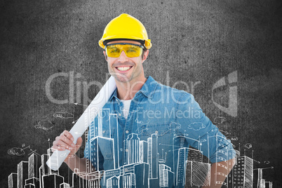 Composite image of architect holding rolled blueprint