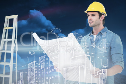 Composite image of architect holding blueprint in house