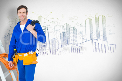 Composite image of happy electrician with wires over white backg