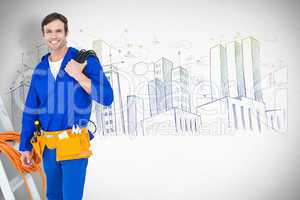 Composite image of happy electrician with wires over white backg