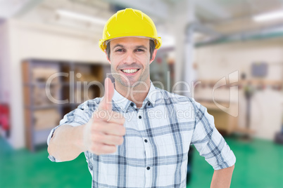 Composite image of architect showing thumbs up over white backgr