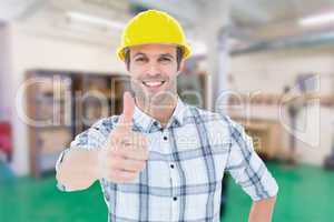 Composite image of architect showing thumbs up over white backgr