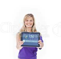 Composite image of tablet computer being held by a blonde woman