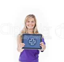 Composite image of tablet computer being held by a blonde woman