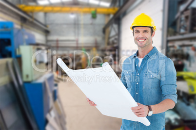 Composite image of happy architect holding blueprint in house