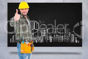 Composite image of confident manual worker gesturing thumb up