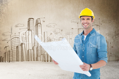 Composite image of happy architect holding blueprint in house