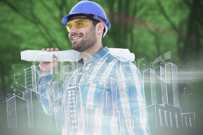 Composite image of smiling architect looking away while holding