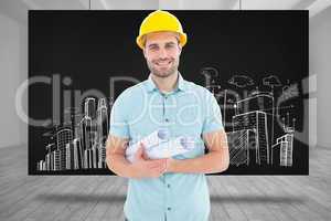 Composite image of happy male architect holding blueprints