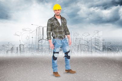 Composite image of full length portrait of confident handyman