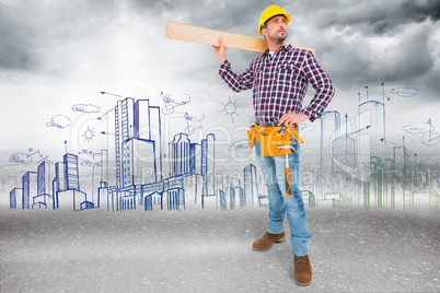 Composite image of handyman holding wood planks