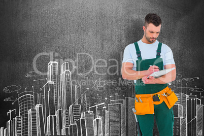 Composite image of repairman writing on a clipboard